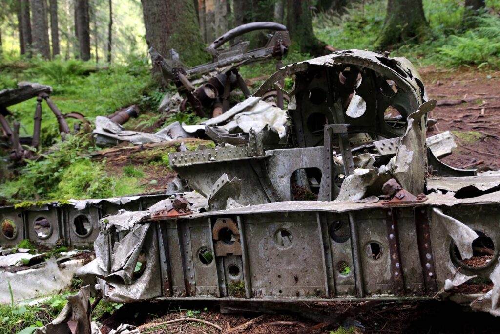 Restene av et tysk bombefly, ved Hansakollen i Maridalen i Nordmarka.