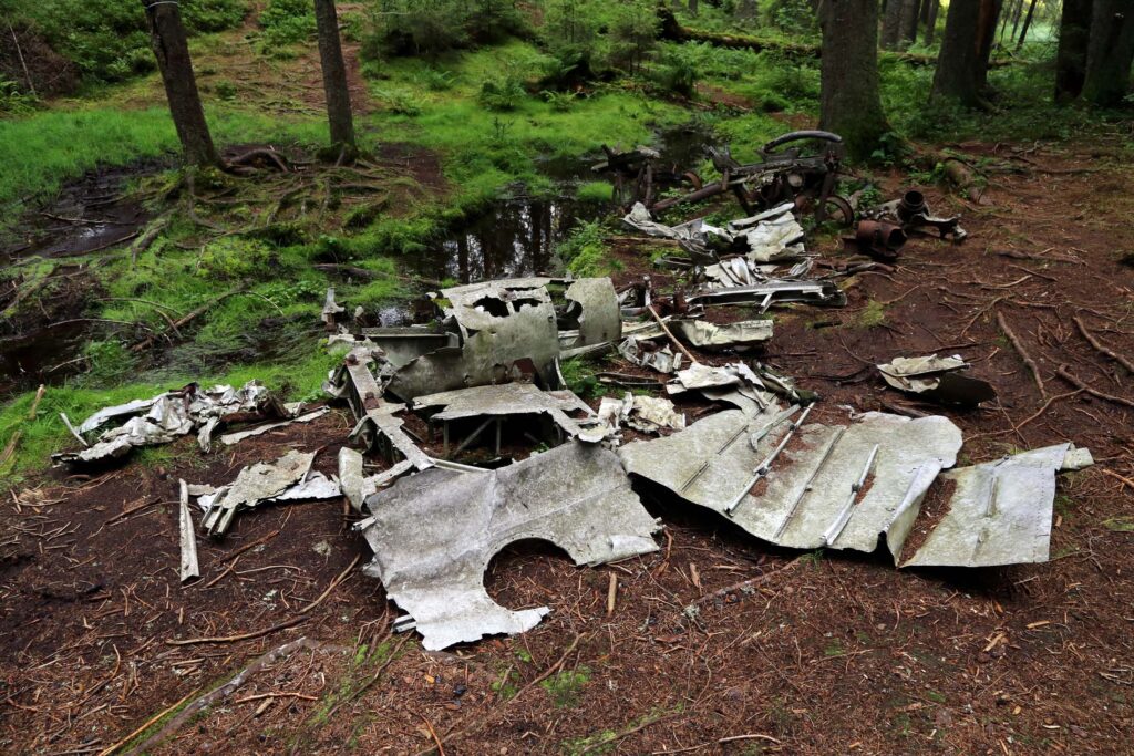Restene av et tysk bombefly, ved Hansakollen i Maridalen i Nordmarka.