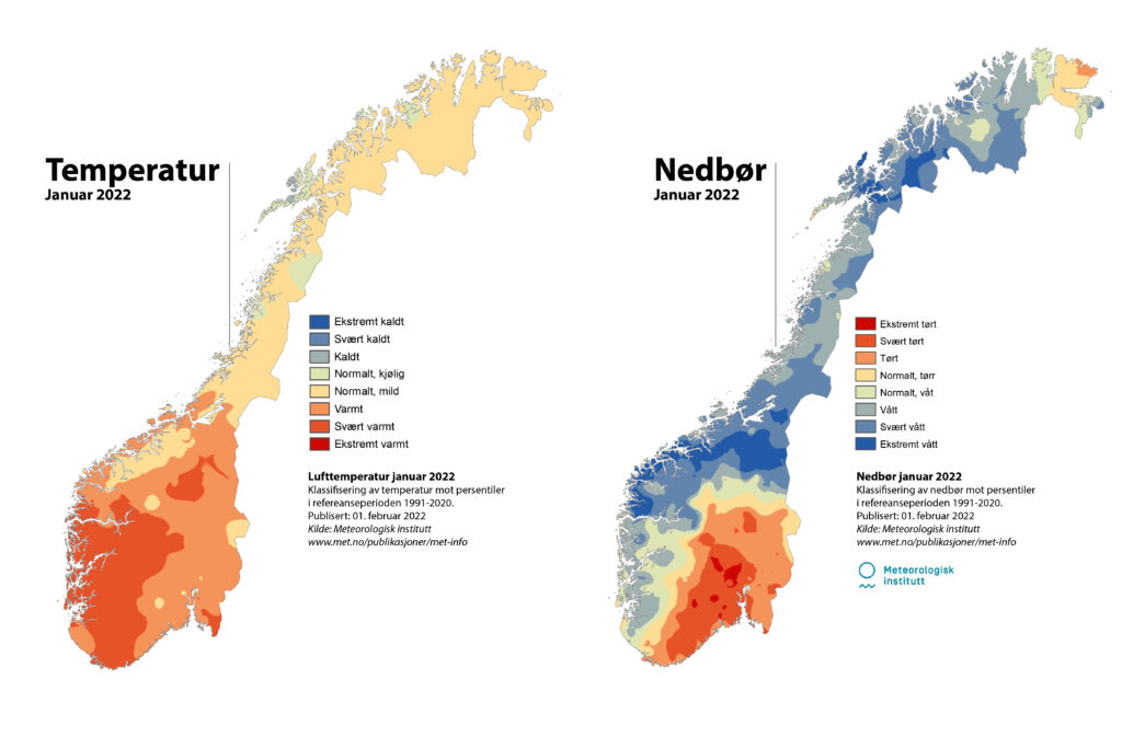 Nedbør og temperatur: For hele landet falt det 45 prosent mer nedbør enn normalt. 25 stasjoner satt ny januar-rekord for høy månedsnedbør. Og det ble satt hele 32 rekorder for døgnnedbør, altså den største mengden regn Meteorologisk institutt har registrert på en målestasjon i løpet av 24 timer. Kilde: Meteorologisk institutt, www.met.no/publikasjoner/met-info 